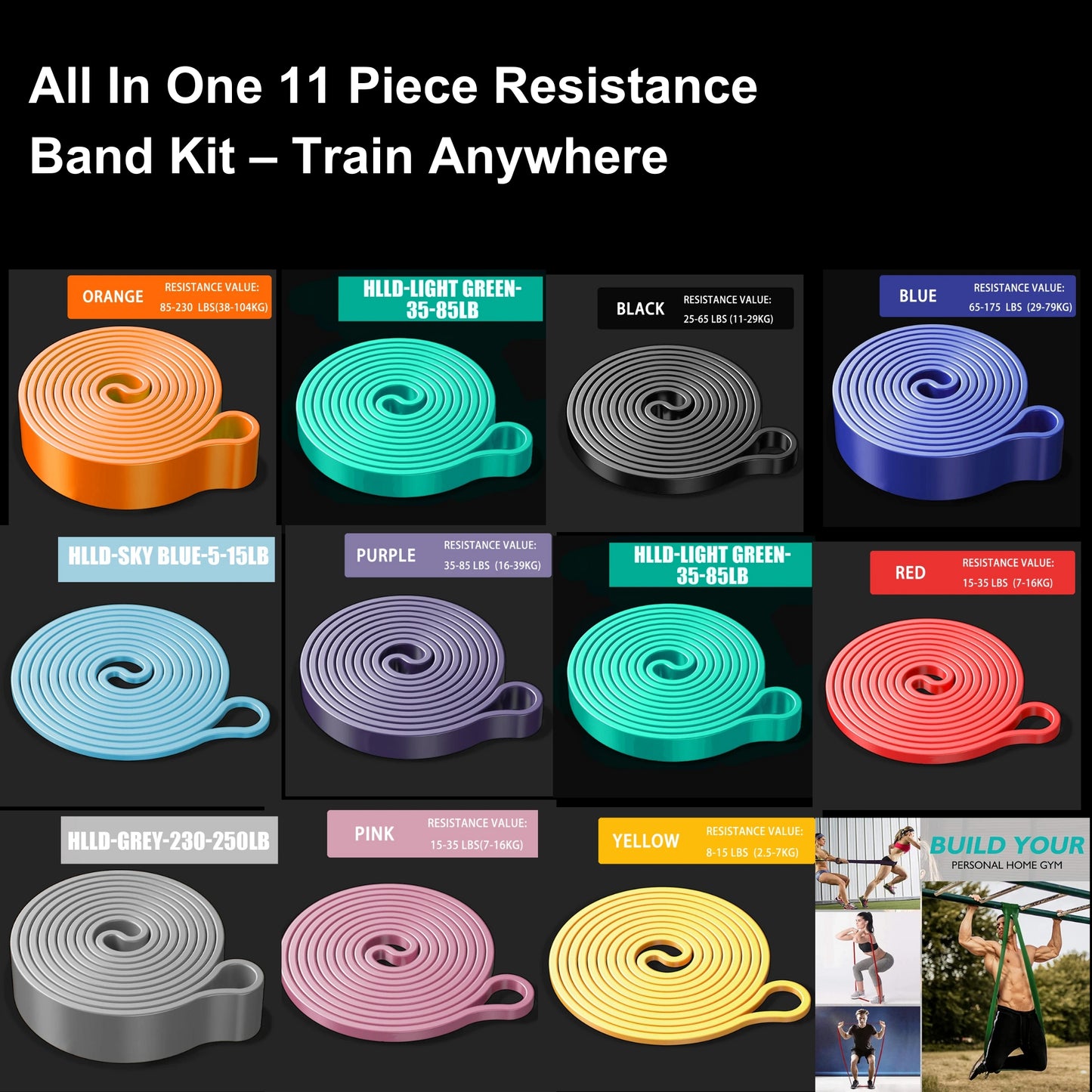 11 Piece 150LB Stackable Resistance Band Training Set for Home & Gym Workouts | Heavy Stretch & Pull-Up Assistance Bands for Exercise & Physical Therapy