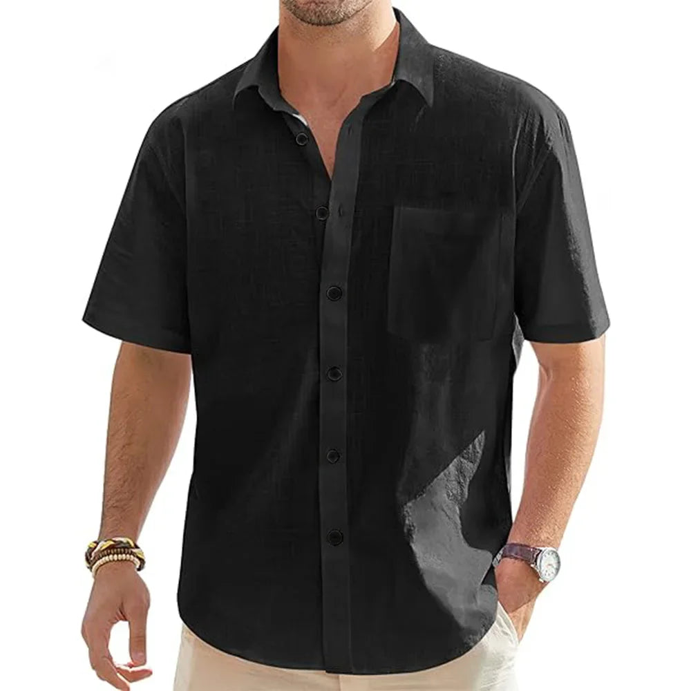 Men’s Short Sleeve Cotton Linen Shirt | Lightweight Vacation Beach Button Up