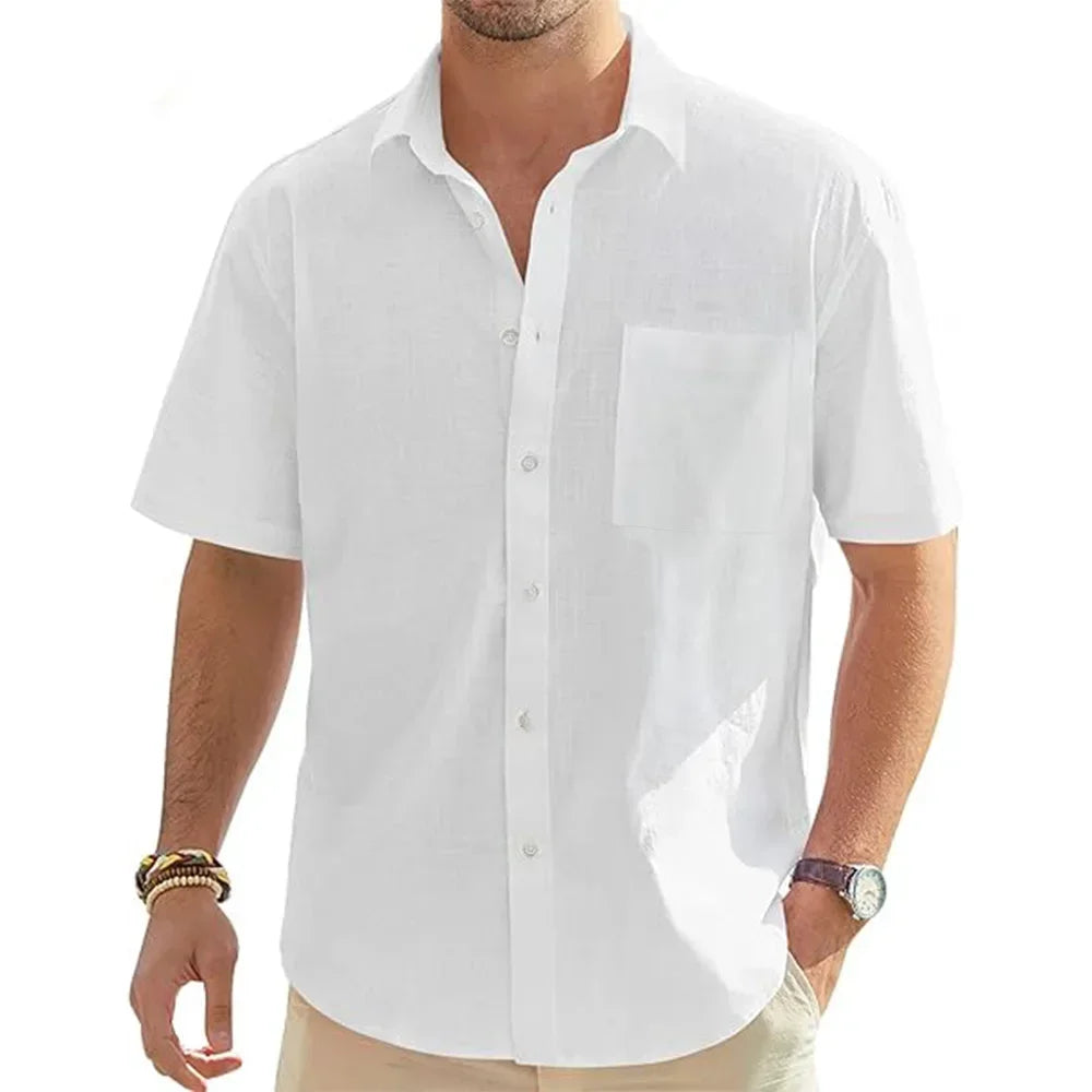 Men’s Short Sleeve Cotton Linen Shirt | Lightweight Vacation Beach Button Up