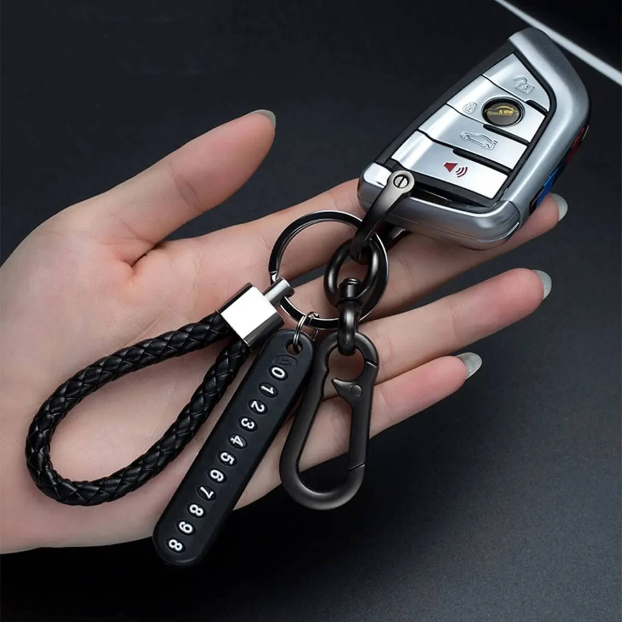 Braided Leather Keychain with Black Alloy Buckle