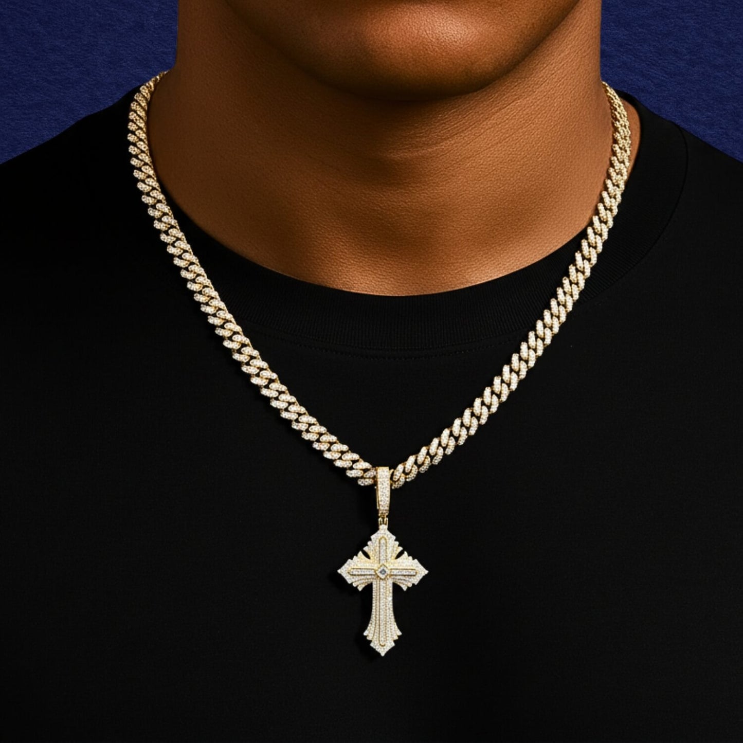 925 Silver Princess Cut Iced Cross Pendant with Moissanite Stones