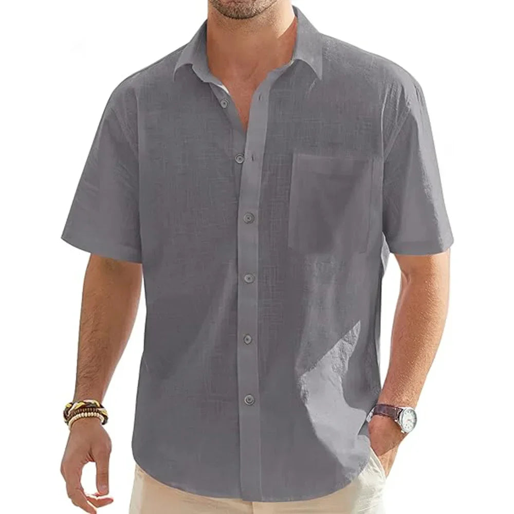 Men’s Short Sleeve Cotton Linen Shirt | Lightweight Vacation Beach Button Up