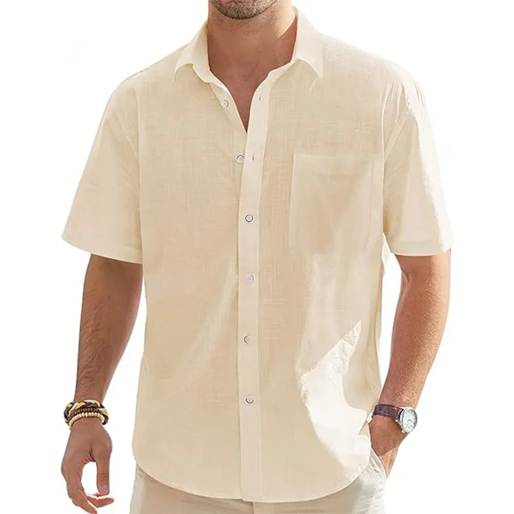 Men’s Short Sleeve Cotton Linen Shirt | Lightweight Vacation Beach Button Up