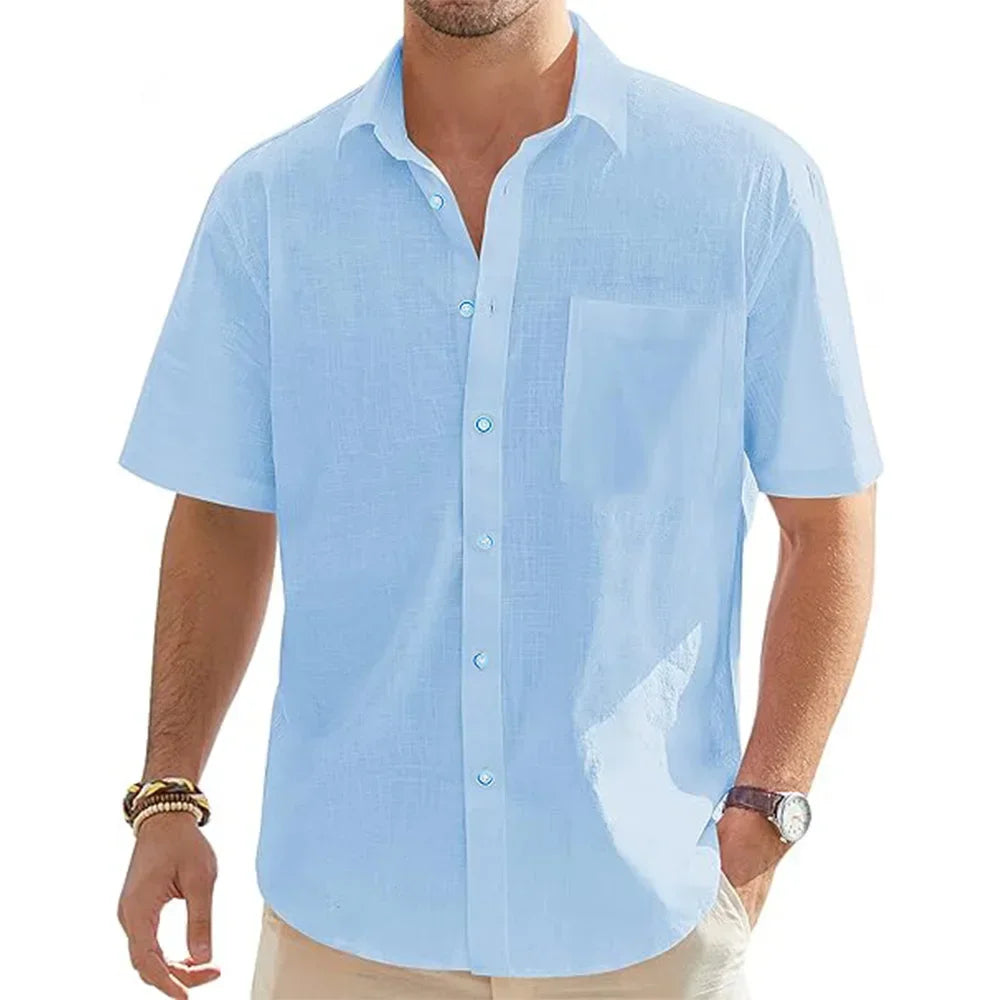Men’s Short Sleeve Cotton Linen Shirt | Lightweight Vacation Beach Button Up