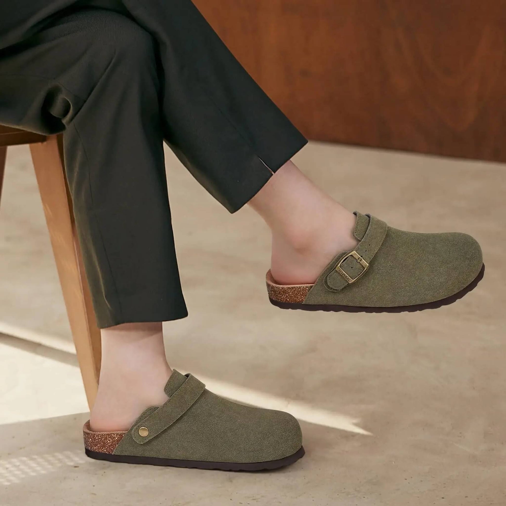 Suede Clogs with Adjustable Strap and Buckle