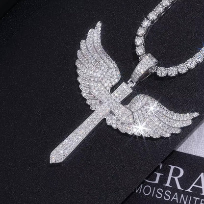 VVS1 Iced-Out Angel Wings Cross Necklace Jewelry