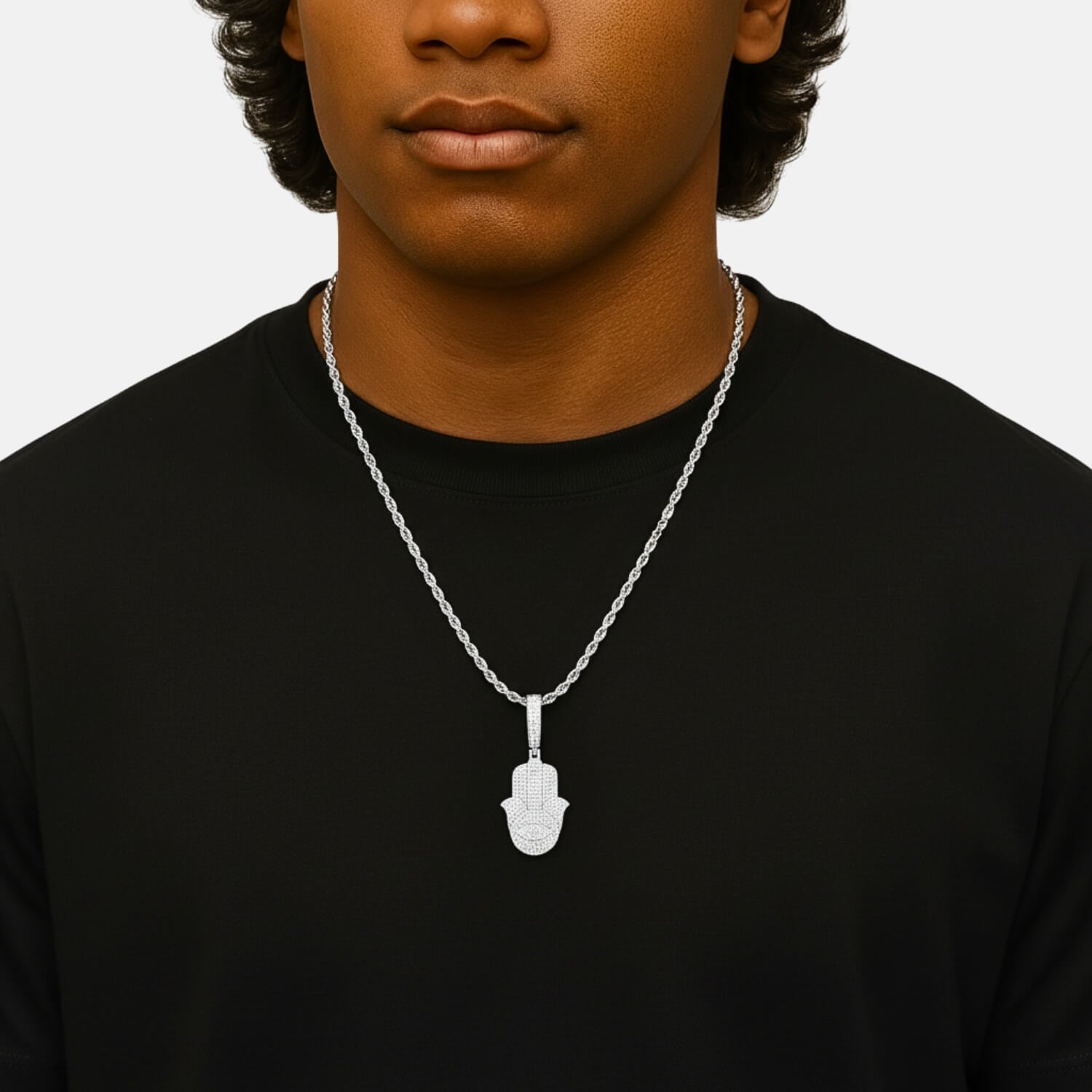 Gold Plated Hamsa Hand Iced-Out Pendant with Moissanite Stones