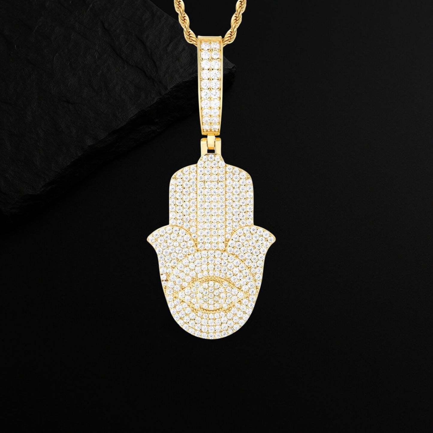 Spiritual Luxury Moissanite Hamsa Necklace White Gold Finish