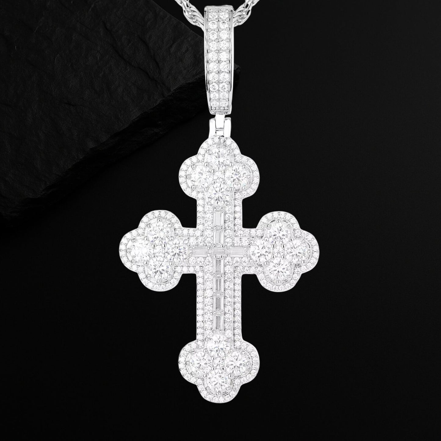 925 Silver Gold Plated Baguette Cross Moissanite Pendant