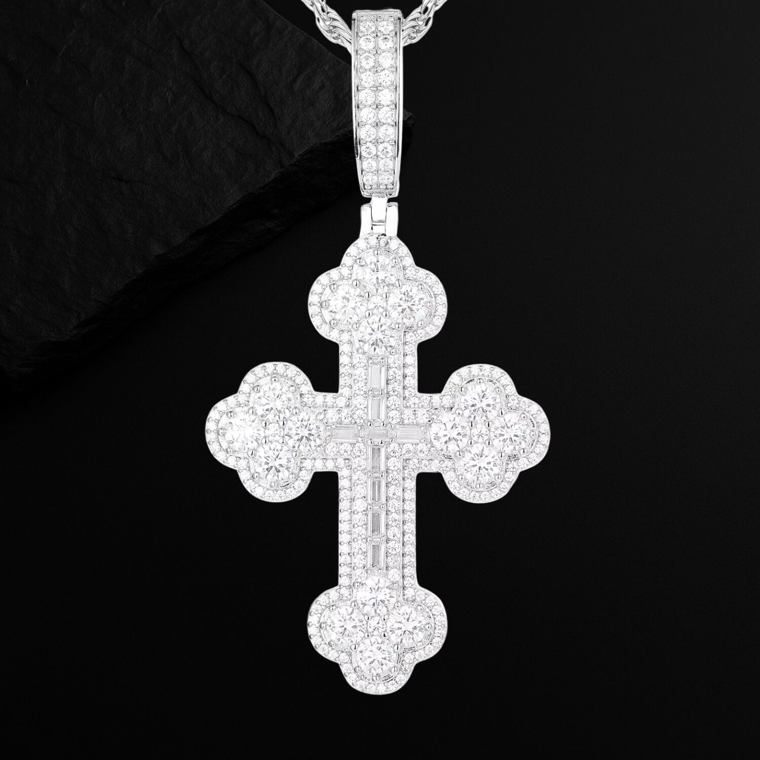 925 Silver Gold Plated Baguette Cross Moissanite Pendant