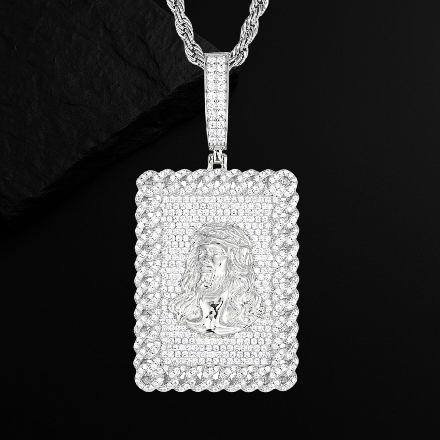 925 Sterling Silver Square Cut Moissanite Jesus Necklace