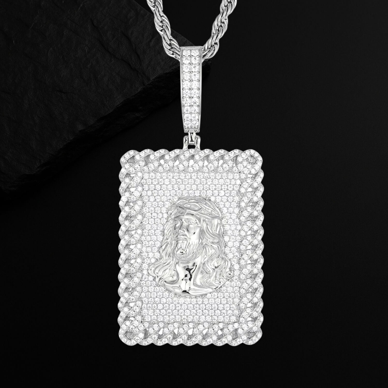 925 Sterling Silver Square Cut Moissanite Jesus Necklace