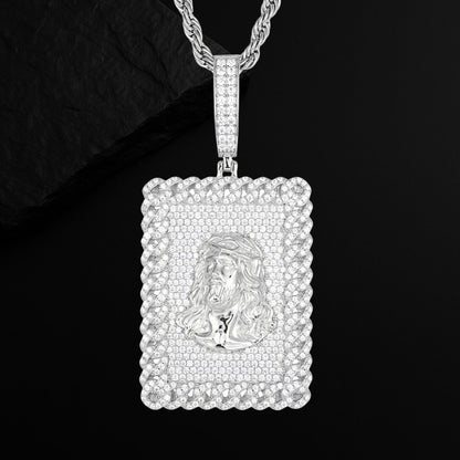 925 Sterling Silver Square Cut Moissanite Jesus Necklace
